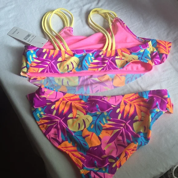 Catalina Kids Bikini Set in Pink and Blue Leaf Print - Picture 3 of 3